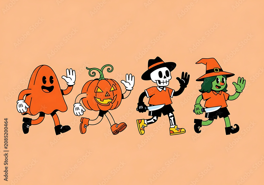 Fototapeta premium Four Halloween characters walking in a row with retro cartoon style