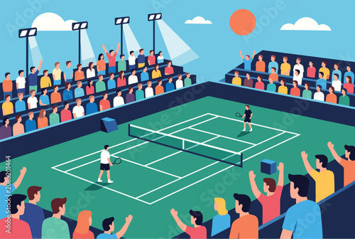 Dynamic high-angle view of a professional tennis match being played on a green court in a large stadium packed with cheering spectators.