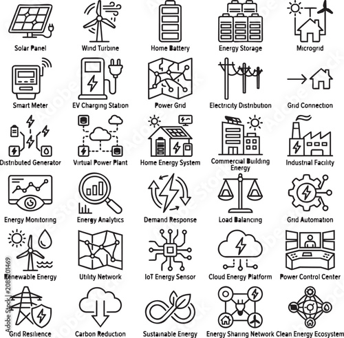 Distributed Energy Resources Minimal Line Icon Pack for Smart Grid, Renewable Energy, Enterprise SaaS UI and Dashboard Design