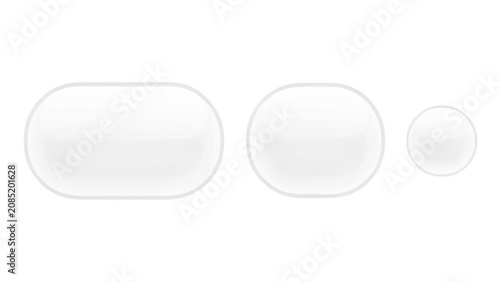 Three smooth glossy white rounded shapes of different sizes arranged in a horizontal row on a clean white background, for web user interface