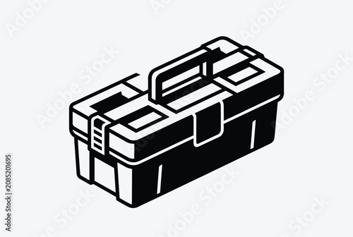 Minimalist black and white isometric illustration of a closed plastic or metal toolbox for organizing various hand tools and small hardware.
