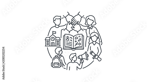 Schilderij op canvas Elegant Black and White Line Art of Diverse Students Engaged in Educational and