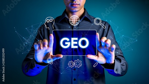 Generative engine optimization concept with digital tablet displaying geo technology interface