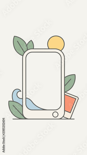 Smartphone surrounded by nature elements like leaves and sun, representing mobile photography and nature