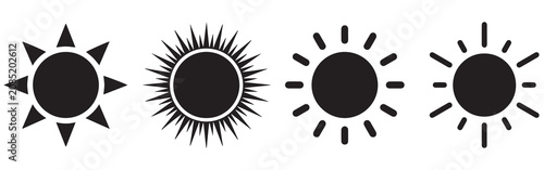 Φωτογραφία Sun icon set black circle with triangular pointed rays, rounded dash rays and elongated stroke rays in different styles