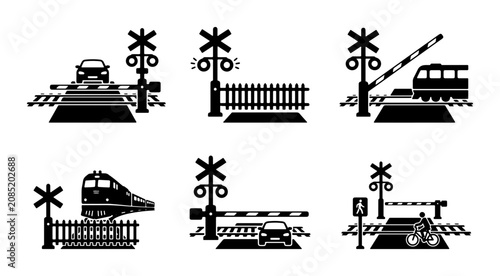 Obraz na plátne Railroad Crossing Icons Set, Vector Graphics for Transportation Safety and Warni