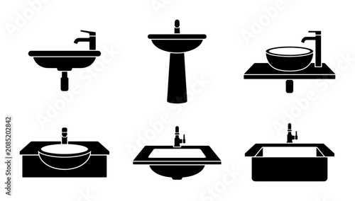 фотографія Bathroom Sinks Vector Icons Set: Washbasin, Pedestal, Vessel, Vanity, Undermount