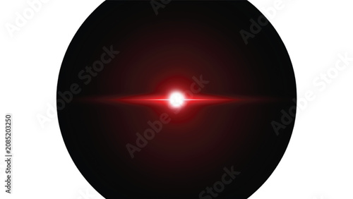 Glowing red circular light effect with a bright central point and horizontal lens flare streaks isolated on a plain white background