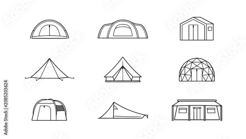 Tents with Various Designs and Structures Depicted in a Line-Up Illustration Featuring Camping, Shelter, Outdoor with Design