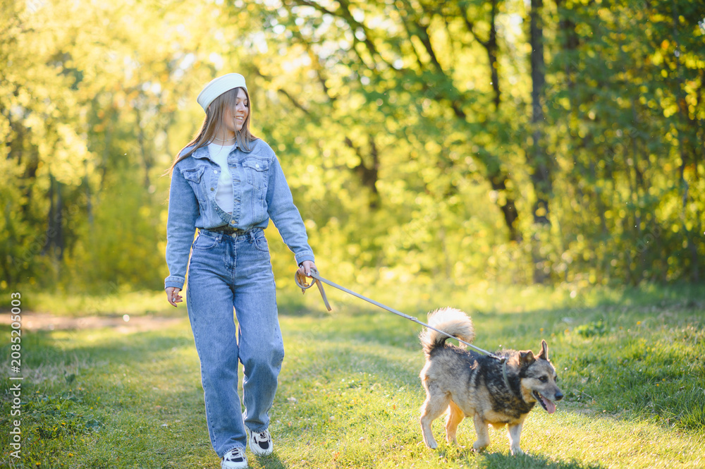 Fototapeta premium Young woman walking dog in sunny park