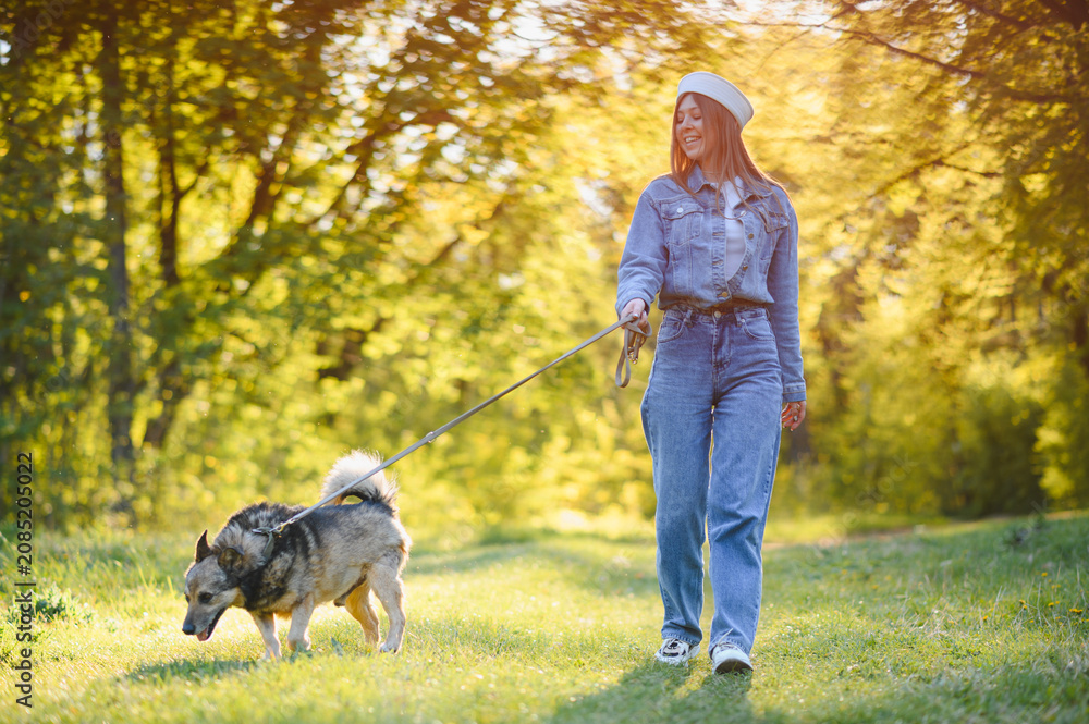 Fototapeta premium Woman walking dog on leash in summer park