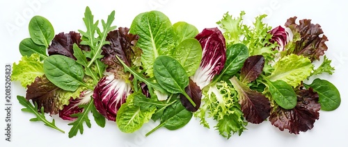 Fresh mixed salad greens border with spinach arugula and radicchio on white