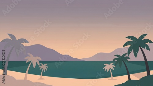 A beach scene with palm trees and the ocean