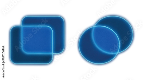Two pairs of overlapping rounded square and circular shapes with a glowing light blue neon outline on a white background