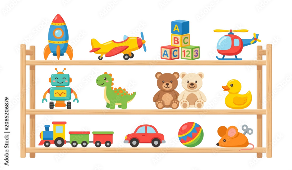 Naklejka premium Cute Kids Toy Shelf Vector Set with Colorful Train Dinosaur Robot Duck Helicopter Teddy Bears Illustration