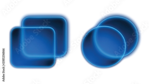 Two sets of overlapping rounded square and circular shapes in a deep blue color with a soft glowing effect on a white background