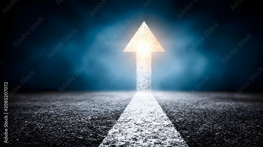 Fototapeta premium concept with a single glowing arrow pointing upward in a dark empty space