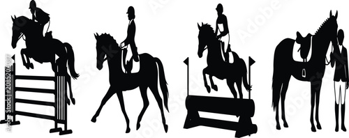 Tableau sur toile Equestrian sports silhouettes set featuring horse jumping dressage and rider wit