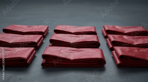 Symmetrical rows of folded red plastic biohazard bags on dark surface