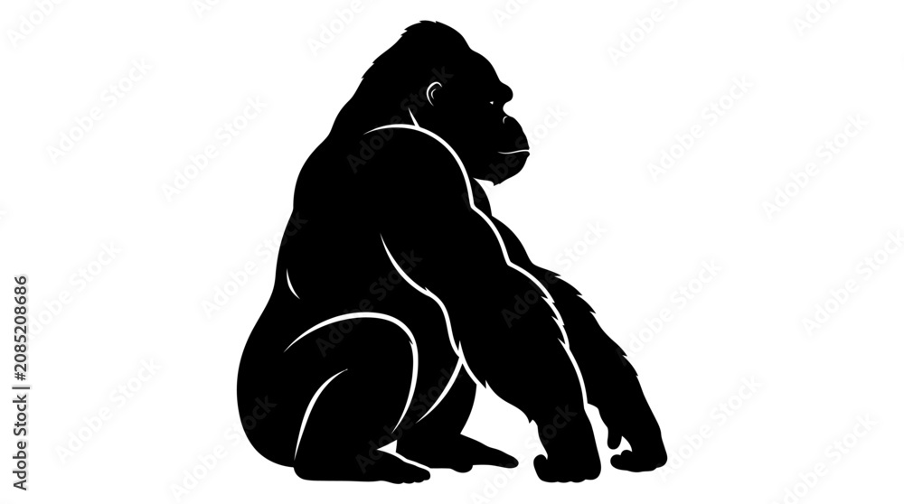 Εκτύπωση καμβά Black gorilla silhouette, sitting gorilla icon, primate vector, animal illustrat