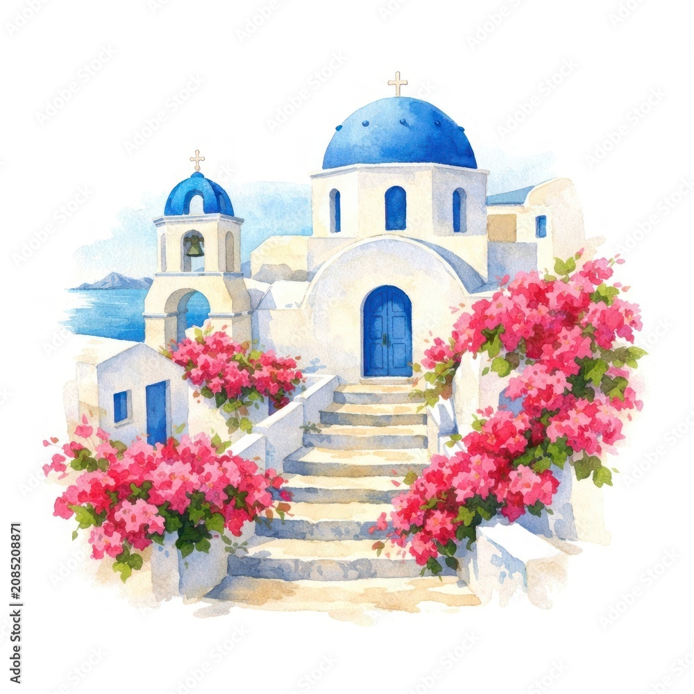 Obraz premium Charming Greek island watercolor illustration.