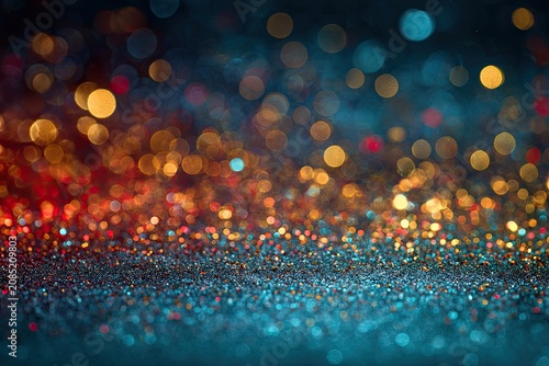Glittering bokeh lights in warm and cool tones sparkle across a dark background