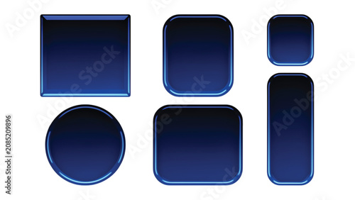 Collection of glossy dark blue rounded square and circular buttons with a glowing light blue border effect on a white background