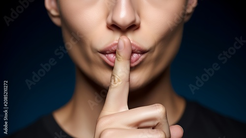 Woman making silence gesture with finger over lips on dark background
