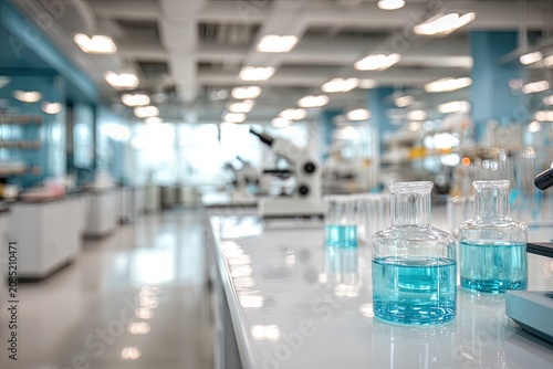 Modern, bright laboratory with microscopes and blue liquid in glassware