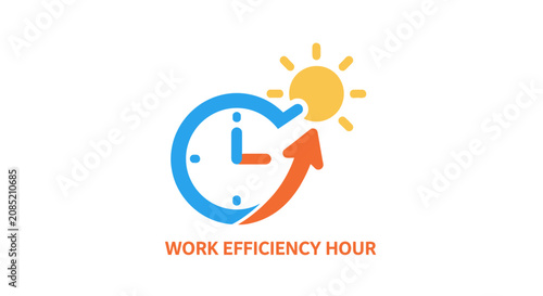 Efficiency concept image with clock, sun, and arrow for improved productivity and work