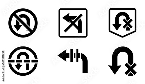 Fotografía U-Turn Prohibition Signs, No Turn Back Icons, Road Direction Symbols, Vector Set