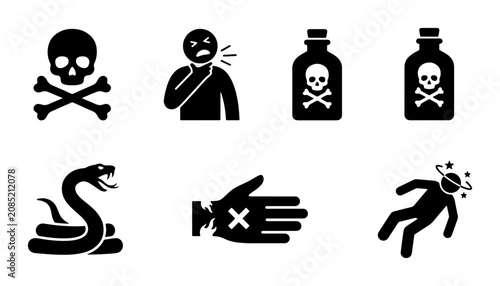 Принти на полотні Danger Icons: Skull Crossbones, Poison, Snake, Sick Person, Injured Hand, Dizzy