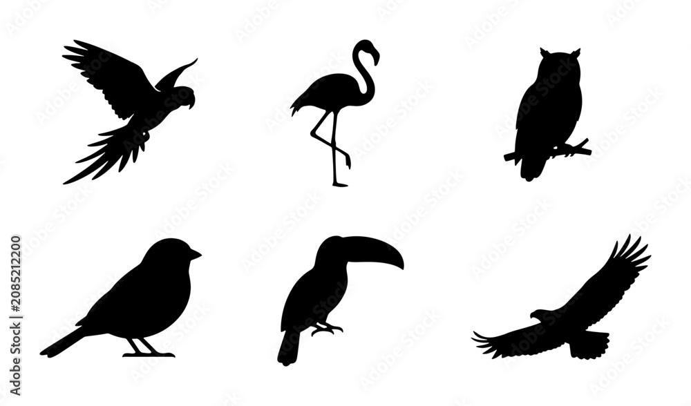 Fototapeta premium Diverse Bird Silhouettes Collection: Parrot, Flamingo, Owl, Sparrow, Toucan, Eagle Icons