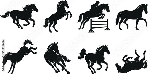Foto Silhouettes of horses in dynamic poses, showcasing galloping, rearing, jumping,