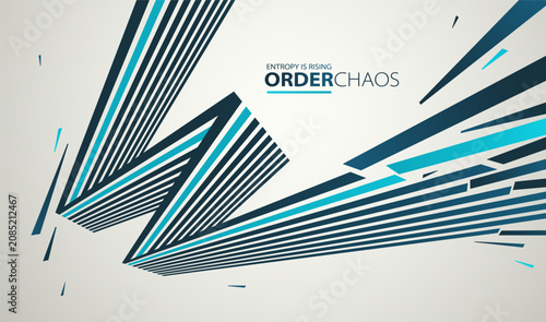 Konstfotografi Chaos and order vector concept abstract background with lines explosion to debris in decay, 3D wallpaper with perspective lines going to chaos of destruction