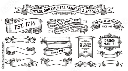 Intricate vintage ornamental banners and scrolls featuring detailed engraving style on a textured aged paper background