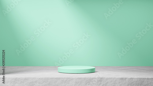 isolated magic mint podium on cement with sunbeams light on the background, magic mint background, product replacement