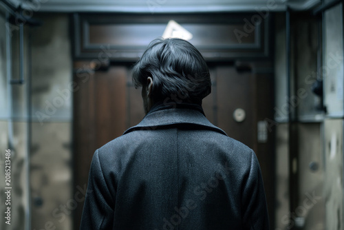 Mysterious Man Standing Before Elevator in Cinematic Apartment Building Interior
