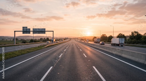 Multi-lane highway stretching toward the horizon during a golden sunset with freight trucks
