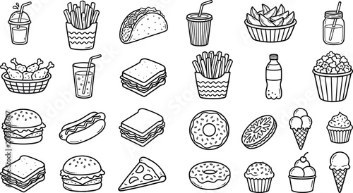 Obraz na plátne Fast Food and Dessert Doodle Icon Set Featuring Burgers Pizza Fries Tacos Hot Do