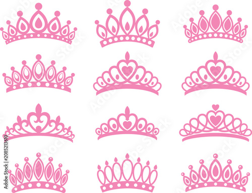 Slika na platnu Vector set of pointy pink princess crown silhouettes pack, simple hand drawn lit