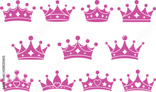 Fotografie Vector set of magenta pink royal crown silhouettes collection with tiny star and