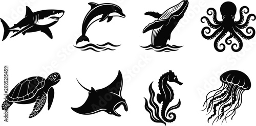 Canvas Print Silhouettes of marine animals including shark, dolphin, whale, octopus, turtle,