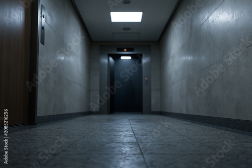 Shadow Figure Standing Inside Open Elevator at End of Empty Apartment Hallway
