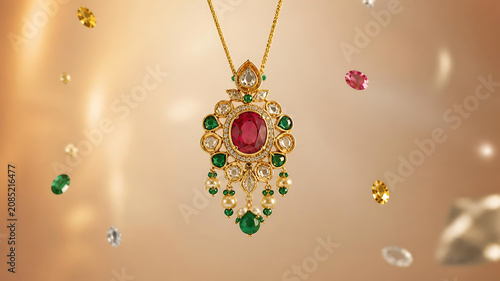 Modern luxury interpretation of Indian inspired jewelry suspended in midair with sparkling diamonds, colorful gemstones, golden reflections, minimalist premium background, refined lighting
