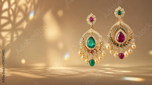 Modern luxury interpretation of Indian inspired jewelry suspended in midair with sparkling diamonds, colorful gemstones, golden reflections, minimalist premium background, refined lighting