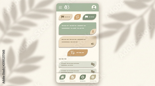 Mobile app user interface design on olive background.