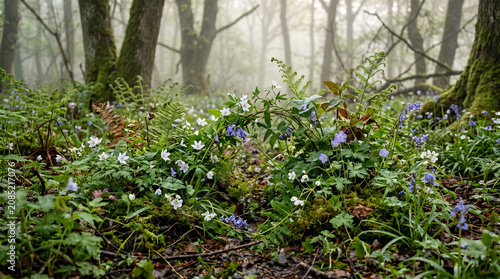 Misty forest landscape with spring wildflowers.