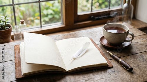 Open notebook with fountain pen and tea by a window