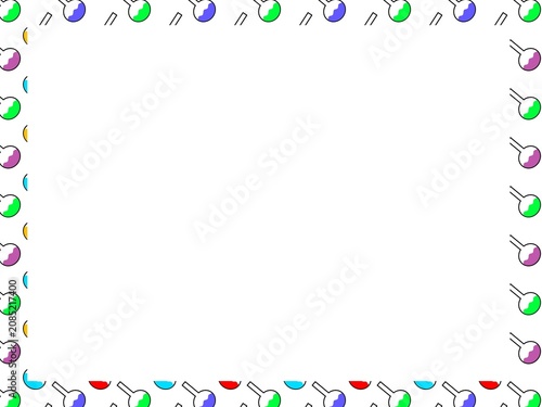 Colorful science-themed rectangular frame border featuring laboratory beakers. Fun doodle-style vector template with a clean center copy space, perfect for school certificates, classroom worksheets